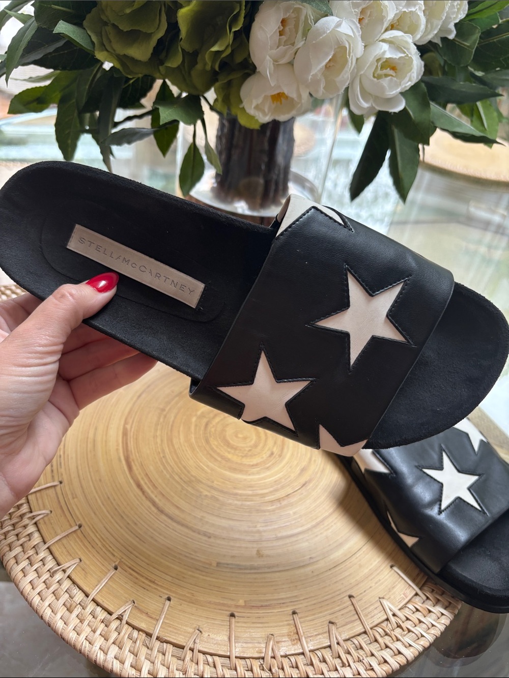 Stella McCartney Black Slide Sandals with White Star Inlays size euro 38 us 8